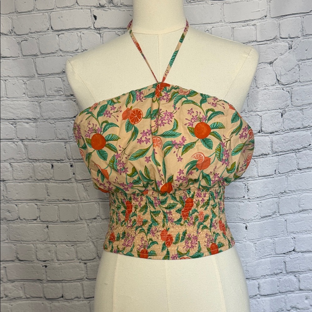 Versona Peach Floral Halter Smocked Crop Top with Orange Accents